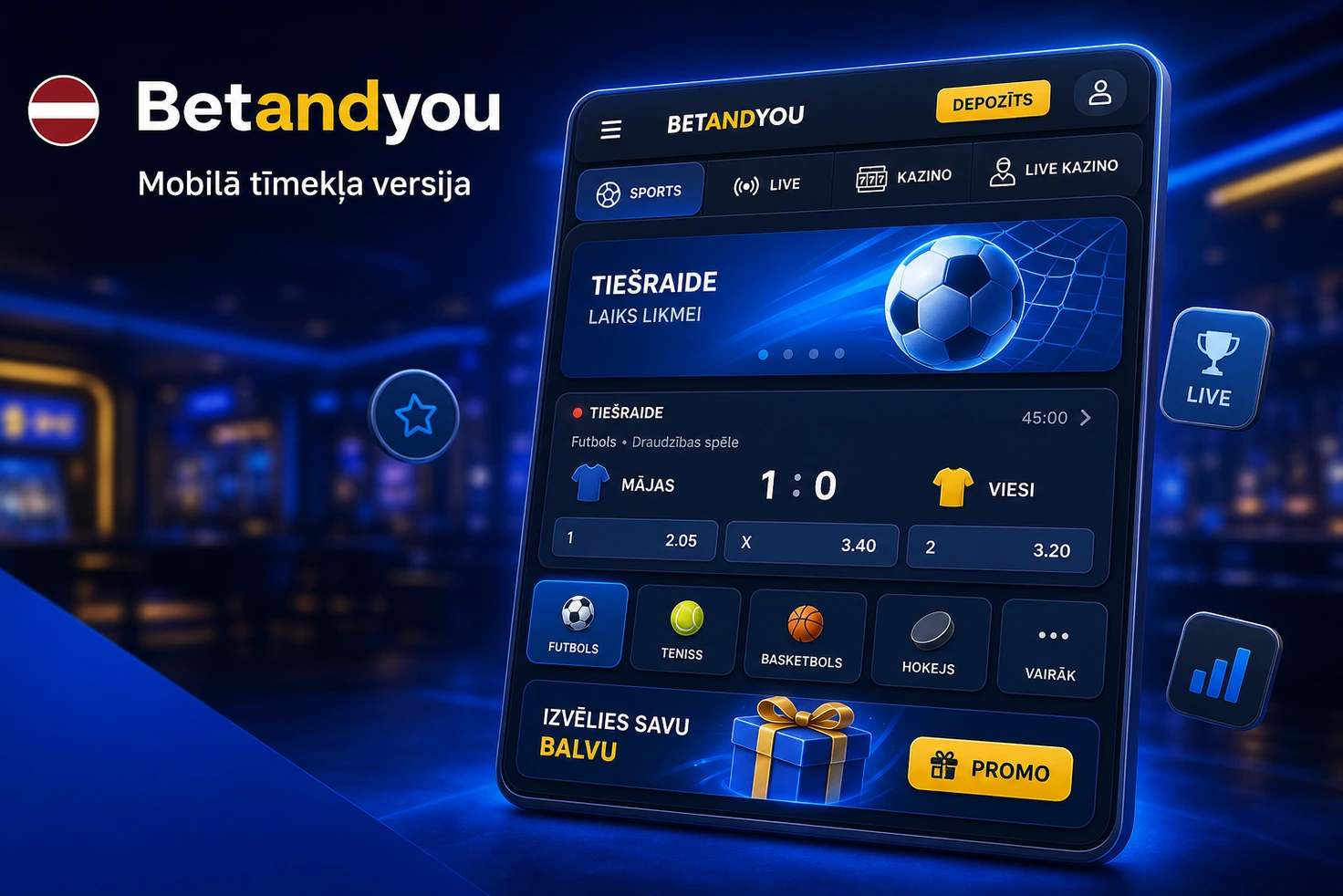 BetAndYou mobilā tīmekļa versija planšetē ar sporta likmēm