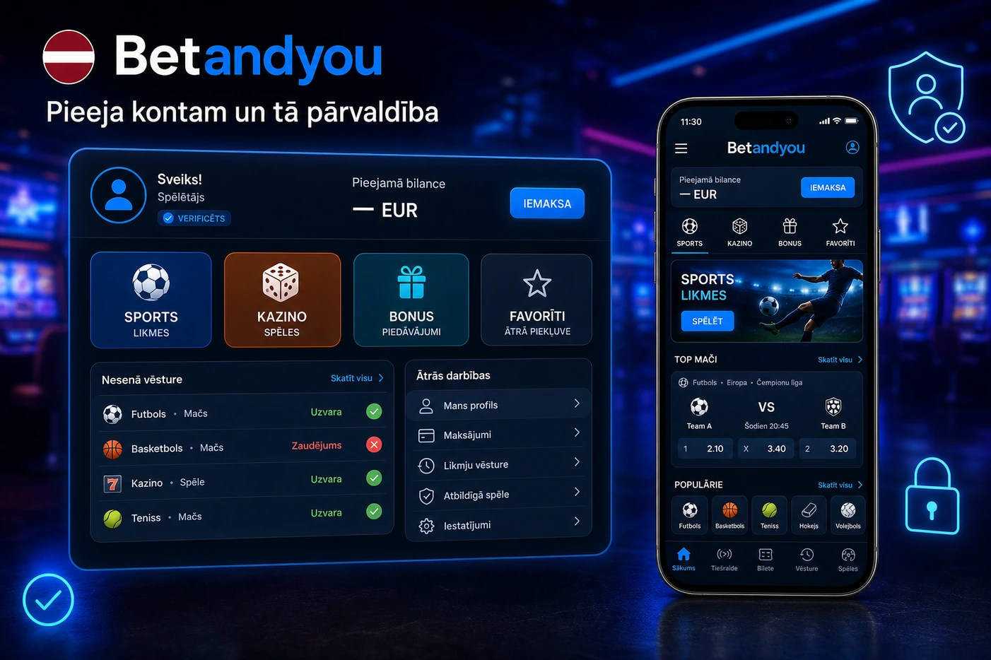 BetAndYou konta panelis ar bilanci un ātrajām darbībām