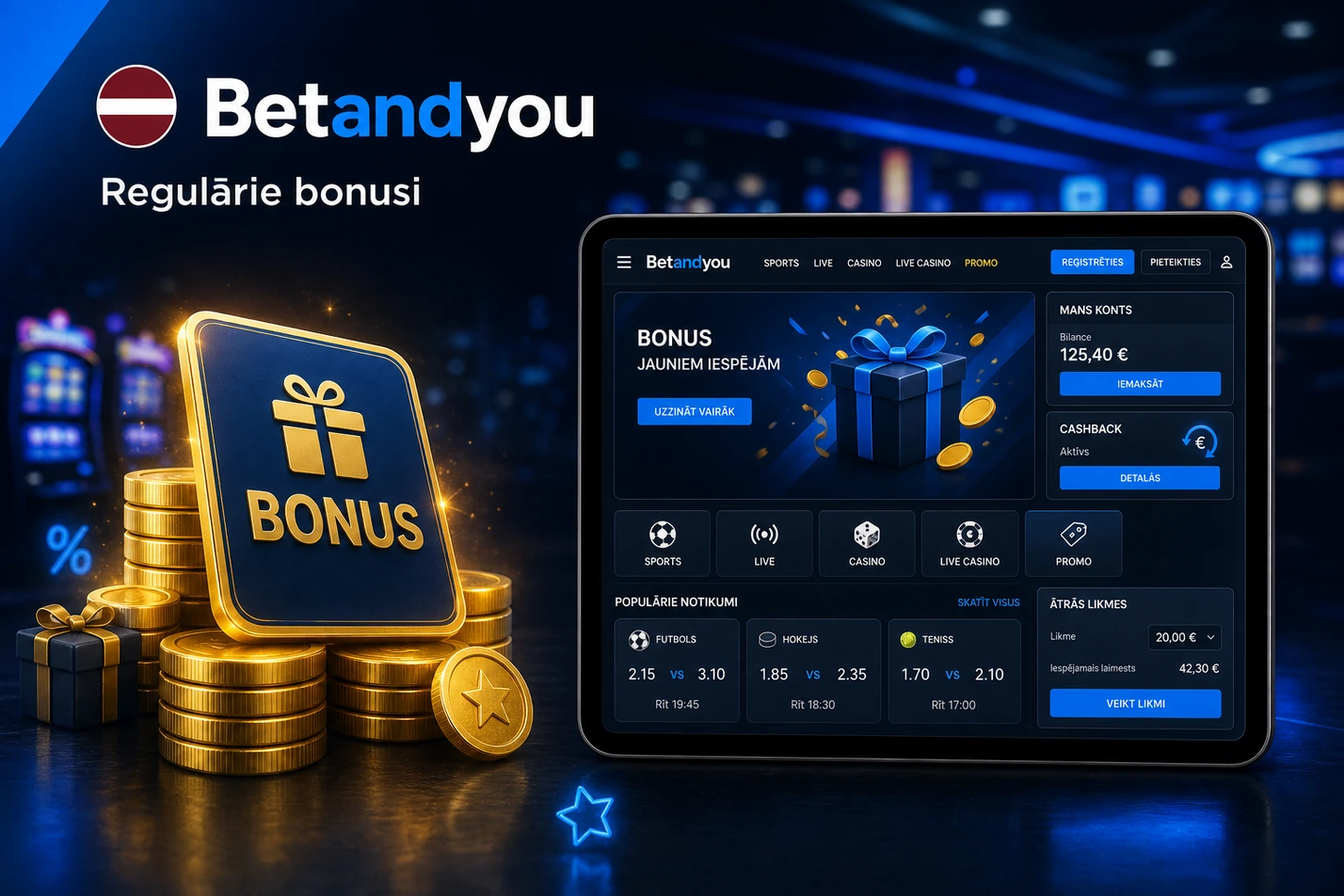 BetAndYou regulāro bonusu un konta paneļa attēls