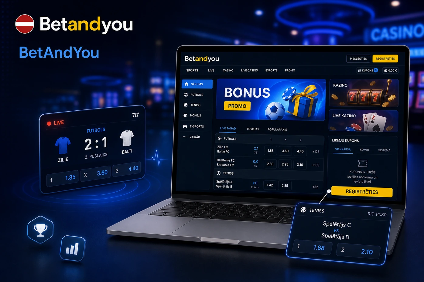 BetAndYou sporta likmju un kazino platforma datorā